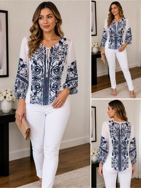 Koton Navy & White Printed Chiffon Blouse 3/4 Sleeve Size M